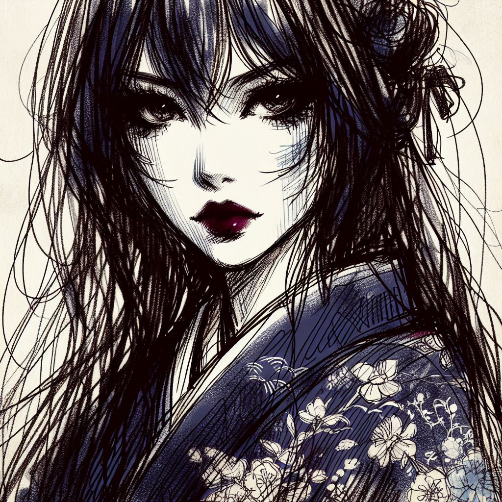 Digital art of Komayo, a bewitching creature from Japanese lore, dressed in a blue kimono with floral patterns, with long dark hair and expressive makeup.